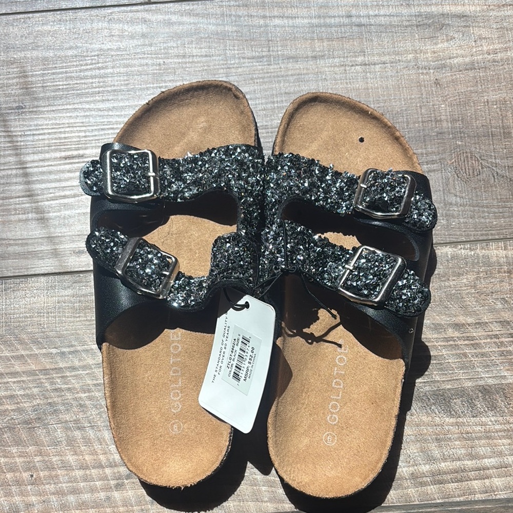 Gold Toe Black Sparkly Sandals